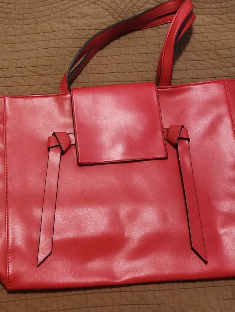 Red Tote Bag with Knot Strap Detail - Women's Shoulder Bag